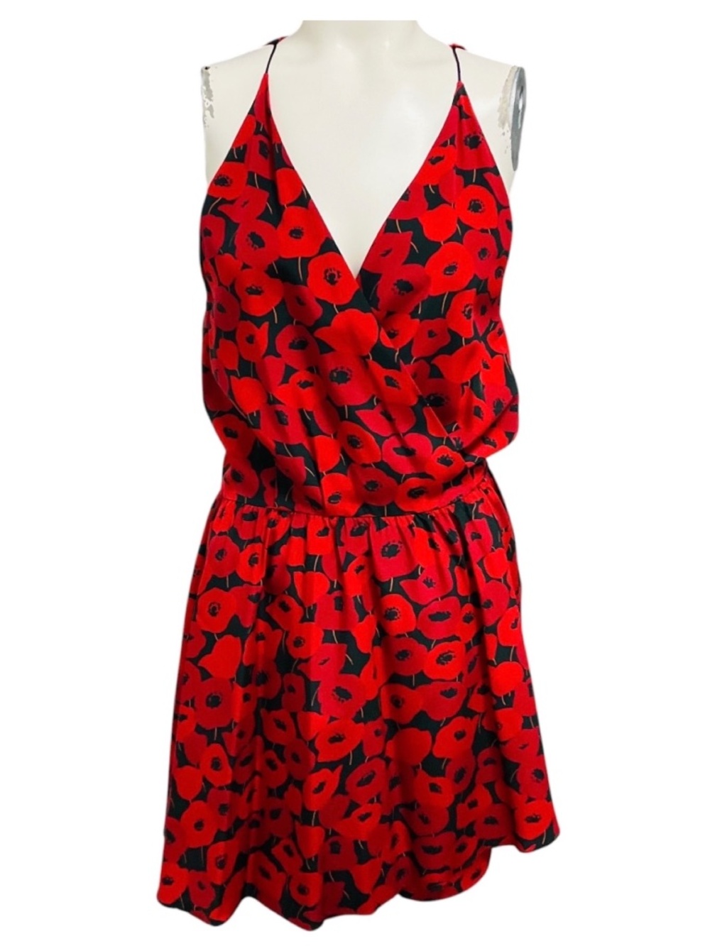 SAINT LAURENT RED / BLACK PRINTED SLEEVELESS SILK WRAP MINI DRESS